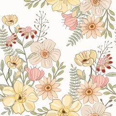 Beautiful vintage flower and green leaf vector seamless pattern