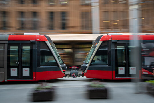 Blurred motion of light rail train on George Street, Sydney