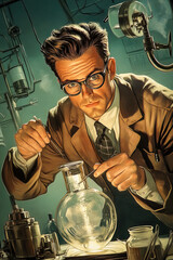 Mad Scientist.  Generative image.  A digital illustration of a mad scientist in a retro comic book cover art style.