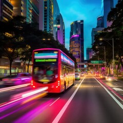 Obraz premium Nighttime Cityscape with a Red Bus