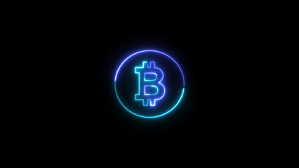 Glowing Bitcoin icon in flat style. Blockchain  illustration on black background. Cryptocurrency business concept.