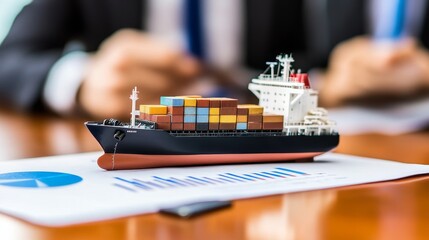 Miniature cargo ship model and shipping containers on a financial chart, symbolizing global trade and logistics investments.