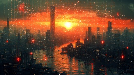 A muted urban cityscape with floating pins marking points of interest, connected by thin, shimmering lines