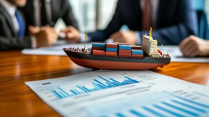 Miniature cargo ship model and shipping containers on a financial chart, symbolizing global trade and logistics investments.