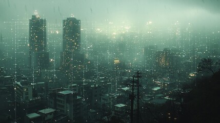 A dense city with large location pins and fine connecting lines marking transportation routes, under a dull sky