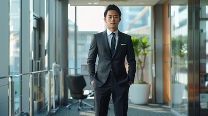 Asian male, handsome face, dressed in a dark gray suit and tie, standing tall against the backdrop of an office window with natural light shining through