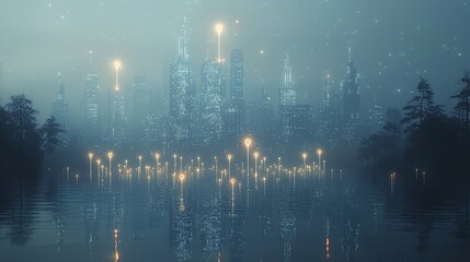An abstract urban rendering with large connected location pins under a foggy, pale sky