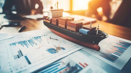 Miniature cargo ship model and shipping containers on a financial chart, symbolizing global trade and logistics investments.