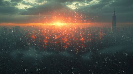 Obraz premium A large conceptual rendering of a city network with abstract, connected location pins, under a cloudy sky