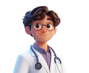 3d portrait of doctor isolated on transparent background. Young professional with stethoscope in white medical coat. Male medic in cute cartoon sty