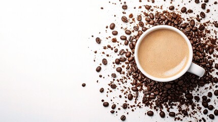 Coffee Cup with Coffee Beans on White Surface