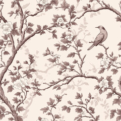 A Toile de Jouy seamless pattern with delicate floral vines and soft colors for a calming look 