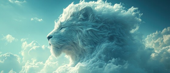 A white lion with a cloud on its head. The lion is sleeping. The clouds are white and fluffy.