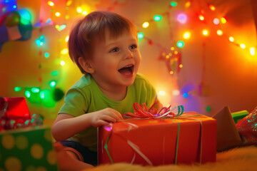 Joyful child with beaming smile opening colorful birthday present surrounded by festive lights