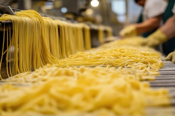 Fresh pasta strands made in a factory
