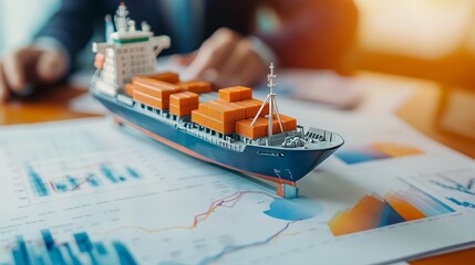 Miniature cargo ship model and shipping containers on a financial chart, symbolizing global trade and logistics investments.