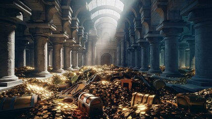 3D Render of an Ancient Grand Hall with Stone Columns, Dim Lighting, and a Vast Treasure Hoard of Gold Coins and Artifacts