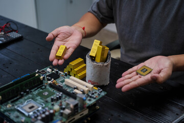 Factory worker overseas molten metal pouring into mold, surrounded by glowing heat in a steel foundry. Microchips and computer hardware components semiconductor and gold metal manufacturing.