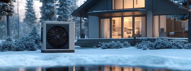 The air source heat pump is placed in front of the house, in a winter scene