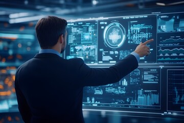 Corporate Executive Gesturing Towards Futuristic Holographic Technology Dashboard