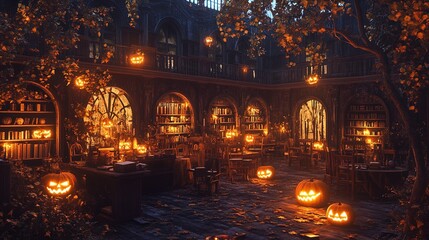 Obraz premium An enchanting library is beautifully decorated for Halloween, featuring numerous carved jack-o'-lanterns emitting a warm, eerie glow. The space is dimly lit, with the orange light of the pumpkins enha