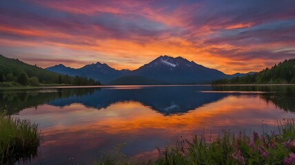 Fototapeta premium Beautiful sunset over the lake with mountains in the background, showcasing colorful clouds in the sky, and a peaceful water reflection of the mountains, creating a stunning sunset panorama