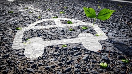 Abstract concept of eco friendly transport with a car outline and a green leaf on a gravel road