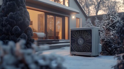 The air source heat pump is placed in front of the house, in a winter scene