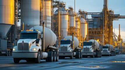 A Line of Cement Trucks Ready for Dispatch at a Large Manufacturing Facility with Silos and Industrial Machinery in the Background