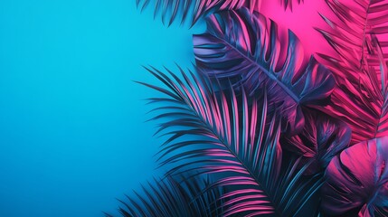 Tropical leaves with a holographic effect, on a blue and pink background.