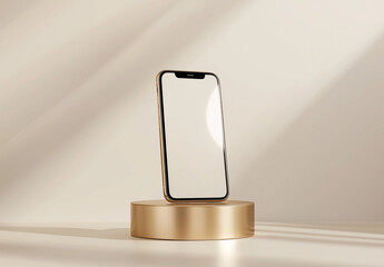 A sleek black smartphone displayed on a golden pedestal against a minimalistic white background, highlighting modern technology and elegant design.
