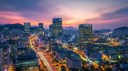 A panoramic view of a modern city skyline at dusk.
