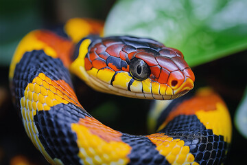 Fototapeta premium Striking close-up of coral snake with vibrant red, yellow, and black patterns