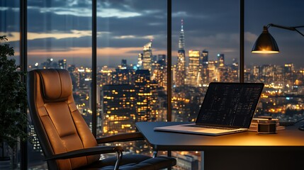 A modern office with a city view at dusk, with a desk, laptop, and a brown leather chair.