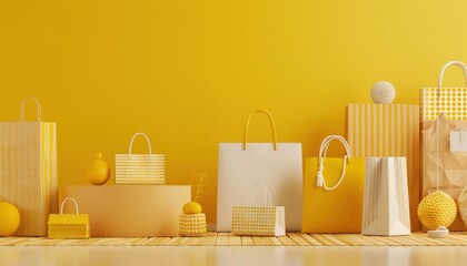Vibrant yellow shopping concept with bags and accessories