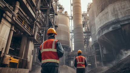 Cement Factory Workers in Safety Gear Inspecting a Large Industrial Complex