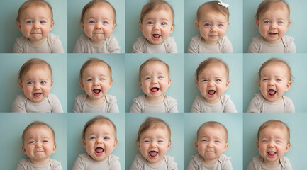 Adorable grid of babies showcasing various expressions, from wide-eyed laughter to curious stares, against a soft pastel backdrop, highlighting innocence and emotions.