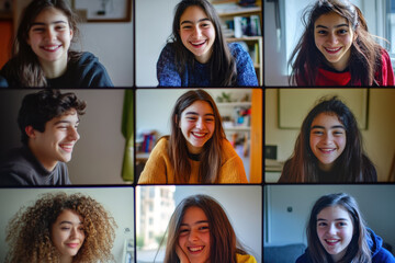 Collage of Smiling Teenagers in Virtual Video Call, A grid of happy teenagers smiling during a video call. Diverse group of friends connecting online in casual home environments.

