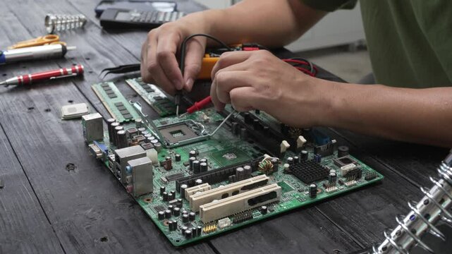 Technician carefully repairs a computer circuit board, using precision tools to address hardware issues. technical expertise needed for troubleshooting and upgrading electronic systems in workspace.
