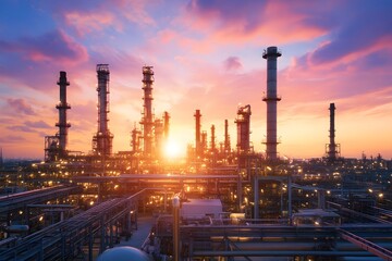 Obraz premium Vast oil refinery at dramatic sunset with towering distillation columns and pipelines stretching into the distance