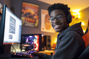 African American Teen Coding and Gaming in Modern Setup, A young African American teen smiling while coding and gaming at a high-tech computer setup, wearing headphones in a cozy, well-lit room.



