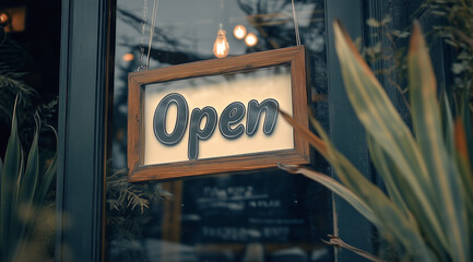 Rustic wooden &ldquo;Open&rdquo; signs hang invitingly on shop doors with a soft focus on warm interiors, representing business hospitality and welcoming customers.
