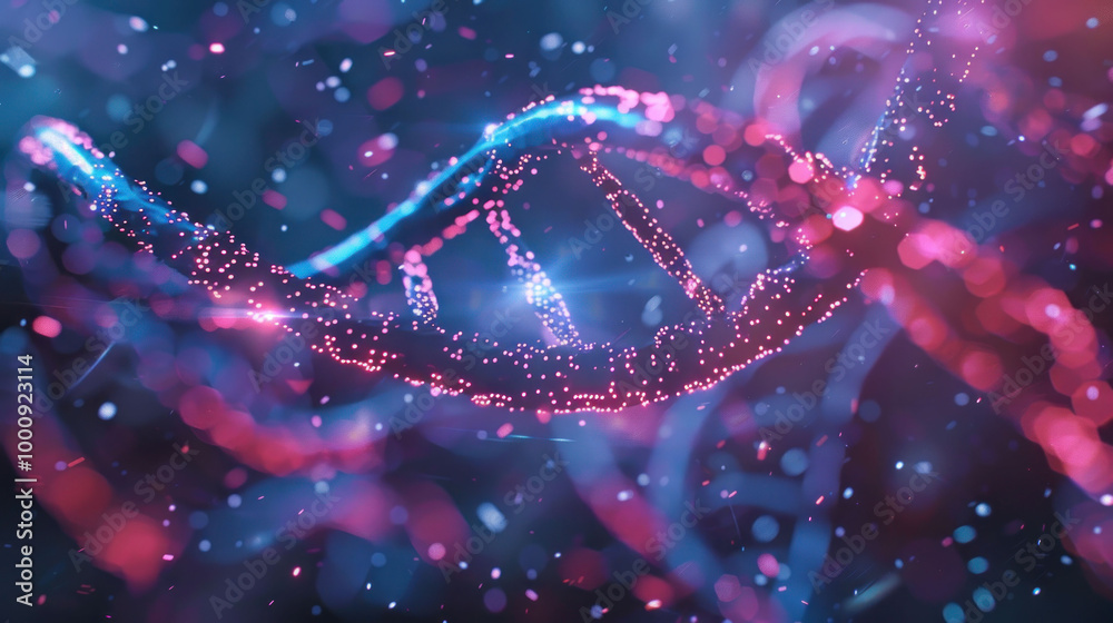 Poster vibrant and dynamic representation of DNA strands, showcasing intricate patterns and glowing particles in shades of blue and pink. This image captures essence of genetic science and innovation