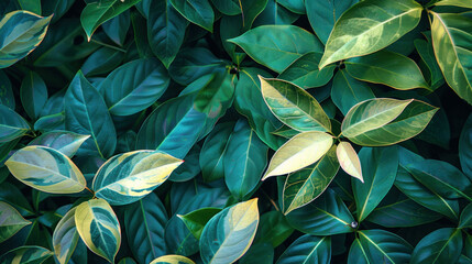 Obraz premium Lush green leaves create vibrant and serene atmosphere, showcasing various shades and textures that evoke sense of tranquility and natural beauty