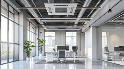 Modern office interior with large windows, sleek furniture, and greenery, creating bright and inviting workspace. design emphasizes functionality and aesthetics