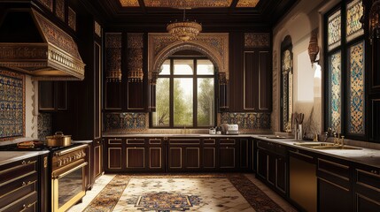 A luxurious Persian-style kitchen, featuring dark wood cabinetry, gold fixtures, and intricate mosaic tiles, complemented by ornate lighting and large windows