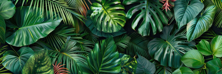 Lush green foliage creates vibrant and tropical atmosphere, showcasing variety of palm and monstera leaves. This rich tapestry of leaves evokes sense of tranquility and natural beauty