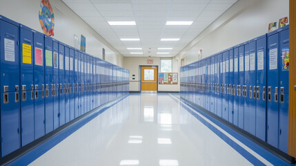 long well lit school corridor hallway, shiny floor lockers teacher student high school