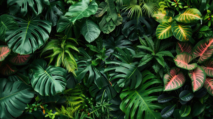 Fototapeta premium Lush green foliage featuring variety of tropical plants, including monstera and ferns, creates vibrant and serene atmosphere. This dense arrangement of leaves showcases natures beauty
