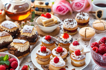 Delight in colorful assortment of delicious pastries and desserts, featuring cakes, tarts, and fresh raspberries, perfect for any celebration or gathering